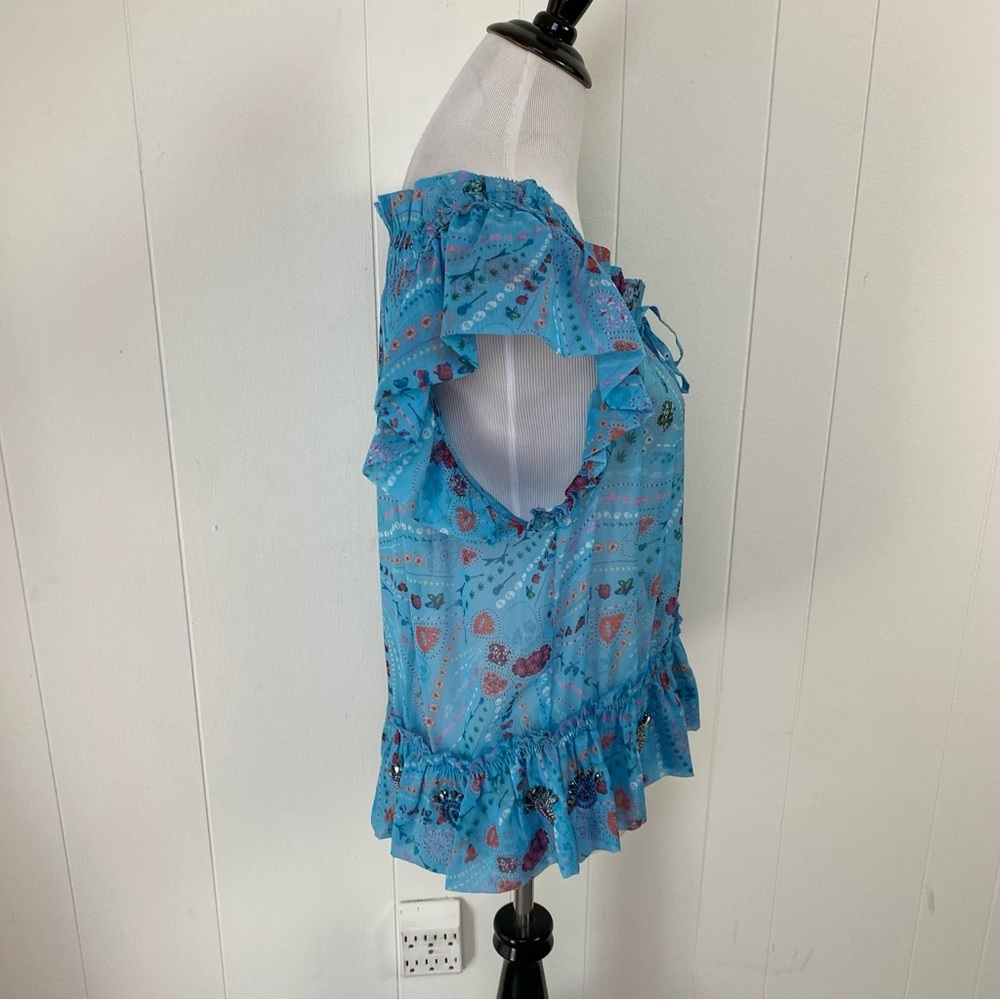 Zadig & Voltaire Tutti Print Psyche  Ruffle Sheer Top SZ XS Blue Novelty Print - Picture 9 of 16